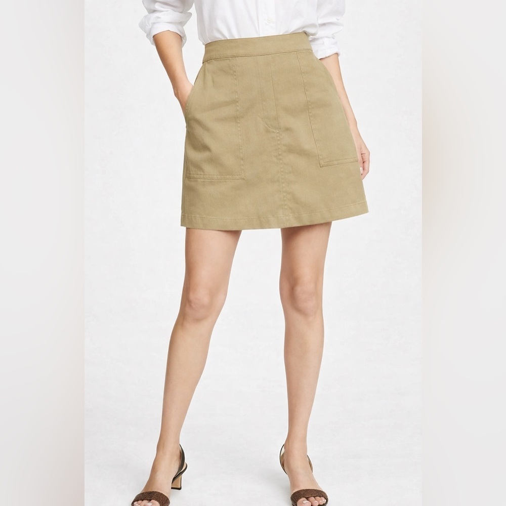 Theory Sprig Khaki Linen Blend Mini Skirt NWT Small A-Line Patch Pocket $235